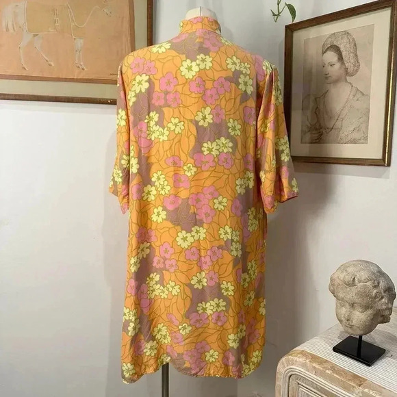 Vintage 1970s Mandarin Floral Tunic Dress Bold Orange Retro Print hippy flower - Picture 5 of 7
